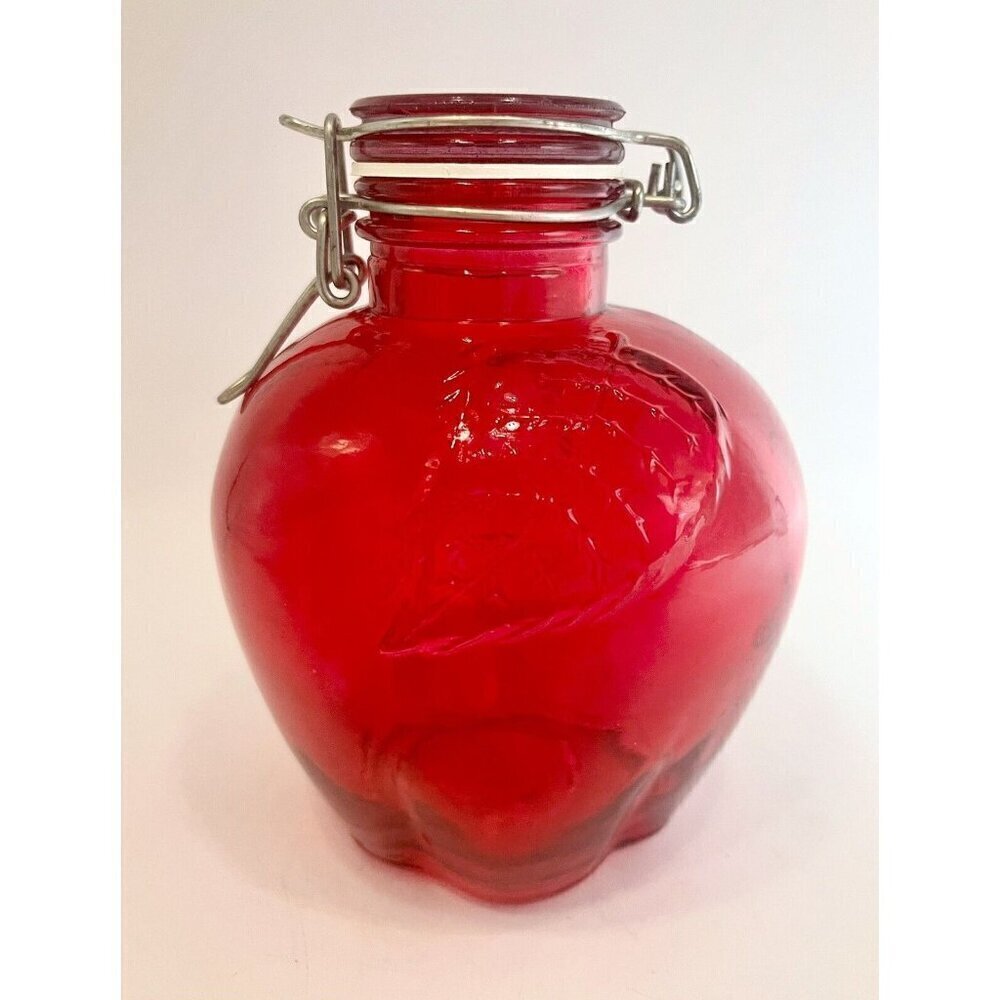Cherry Red Glass Apple Canister 5.5” Jar with Wire Bail Lid Food Storage Craft